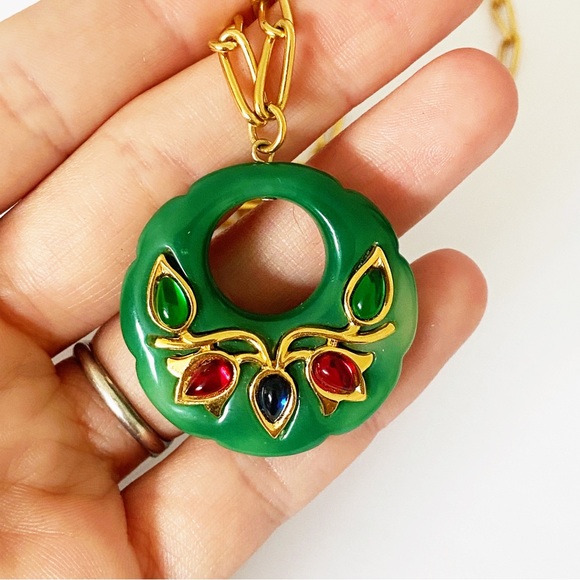 Crown Trifari Persian Garden lucite gold cabochon pendant necklace 20” - Picture 2 of 6